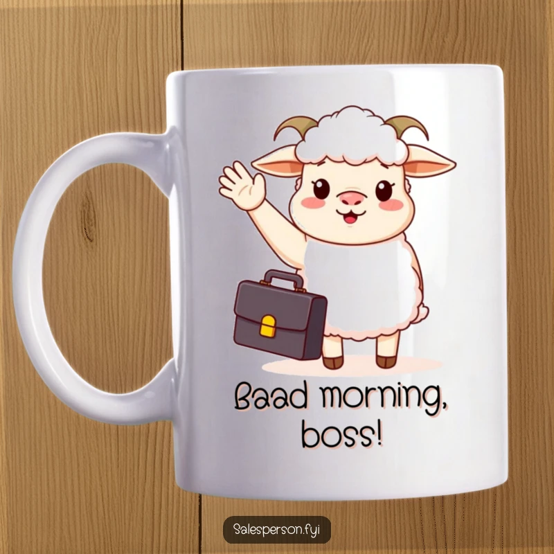 Funny mug features a cheerful sheep wearing a suit, holding a briefcase and waving enthusiastically, ready for work.