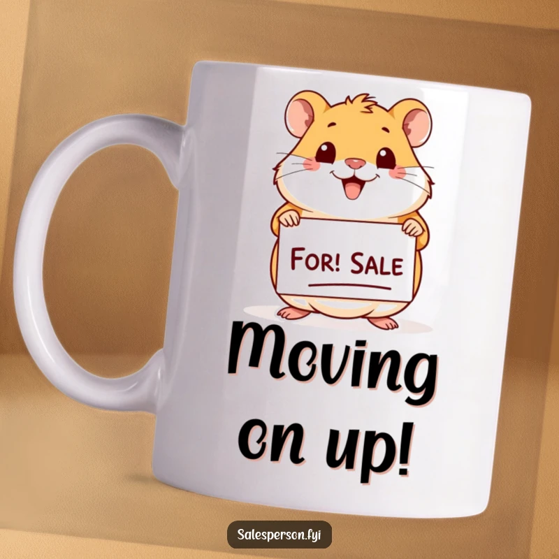 Funny Hamster For Sale Mug: Cheerful hamster with a big smile holding a 'For Sale' sign, ideal for gift-givers.