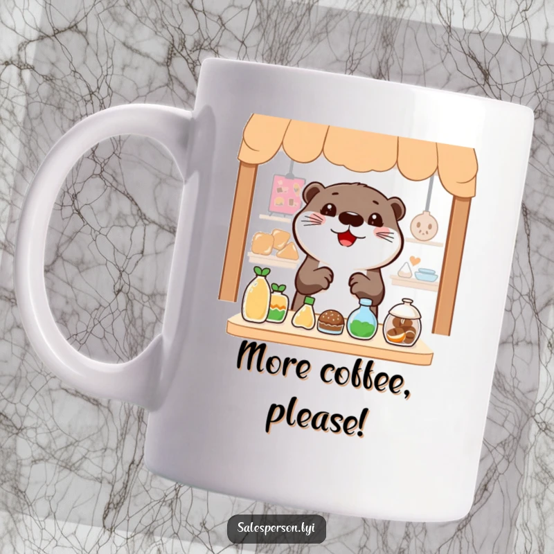 Funny Otter Mug: Cheerful otter gesturing widely towards a display of enticing items, perfect for deal lovers.