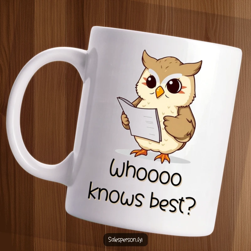 Funny wise owl holding a ledger and nodding sagely, representing financial wisdom on a mug, a funny gift.