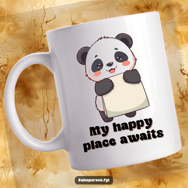 Funny Panda Mug with a giant shopping bag, beaming with joy, perfect for online shopping enthusiasts gift.