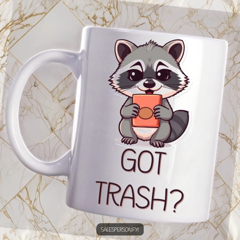 Funny mischievous raccoon with a sly grin offering a hidden quirky product on a mug, a funny gift.