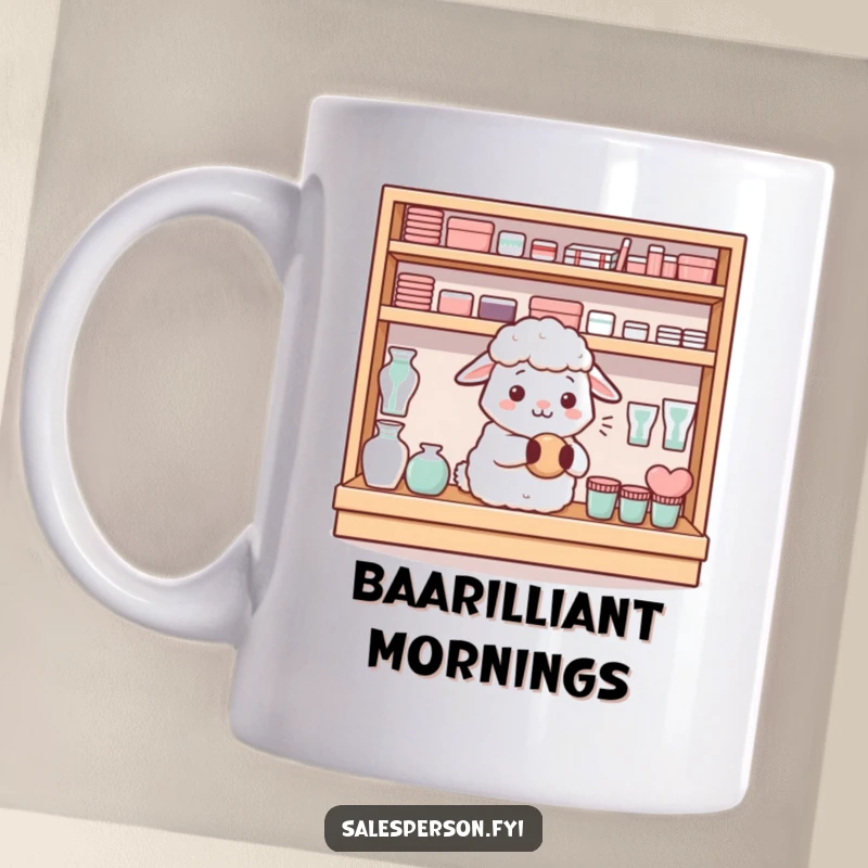Funny content sheep neatly arranging items on a shelf with a satisfied hum on a mug, a funny gift.