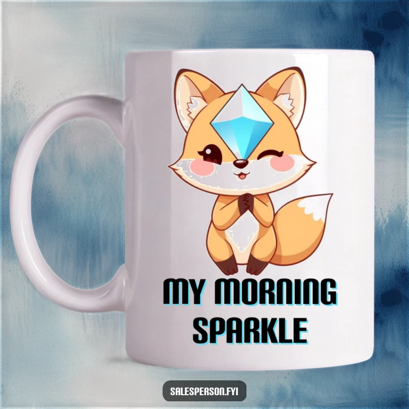 Funny Fox Mug: Charming fox holding a sparkling gem, giving a confident wink, perfect for collectors and gift recipients.