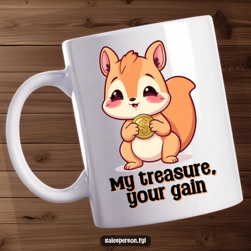 Funny mug with a giggling squirrel enthusiastically offering a shiny coin, symbolizing luck and unexpected joy for the viewer.