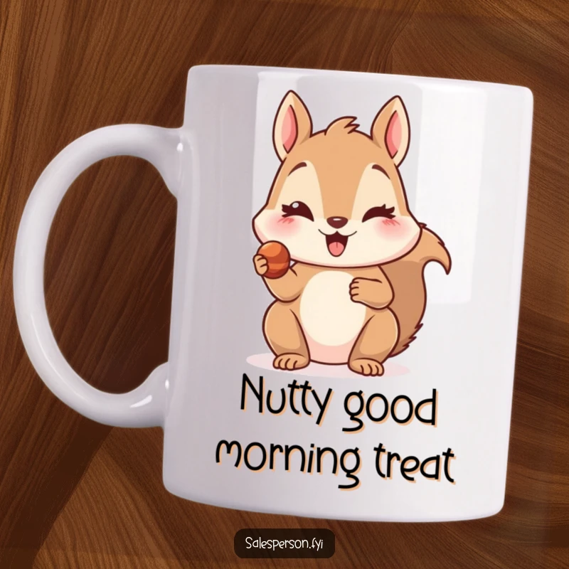 Funny mug featuring a delighted squirrel offering a tiny, tempting treat with a playful wink, sharing a secret pleasure.