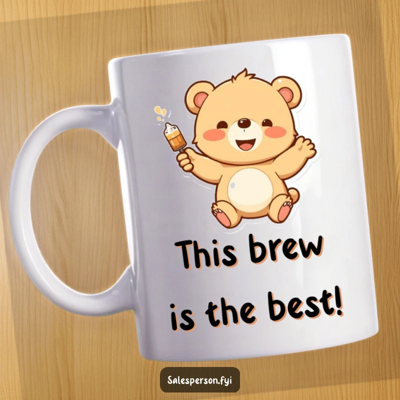 Funny mug featuring a happy bear cub enthusiastically demonstrating a product with a grand, delightful flourish, showcasing excitement.