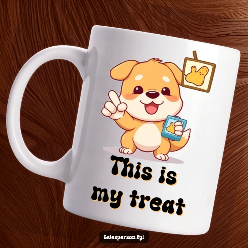 Funny Dog Mug, enthusiastically pointing at an item, conveying determination and humor.