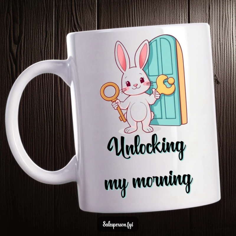 Funny mug featuring a rabbit holding a huge key and pointing to a mysterious door, symbolizing opportunity and adventure, great funny gift.