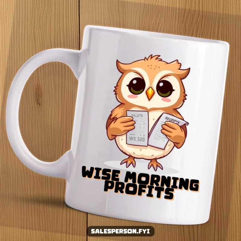 Funny owl mug with a proud expression, balancing a stack of sales receipts, representing financial acumen.