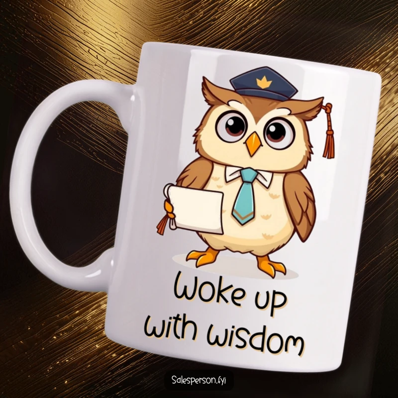 Funny mug featuring a proud owl wearing a tie and holding a diploma scroll, celebrating academic achievement with sophistication and humor.
