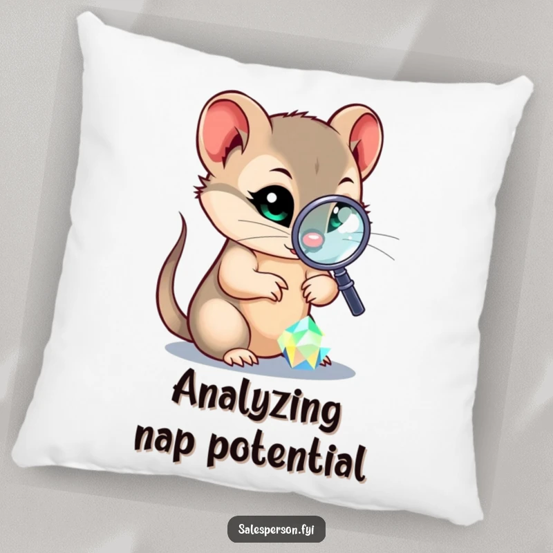 Funny pillow designed with a sly weasel peering through a magnifying glass at a sparkling gem, bringing comfort and intrigue.
