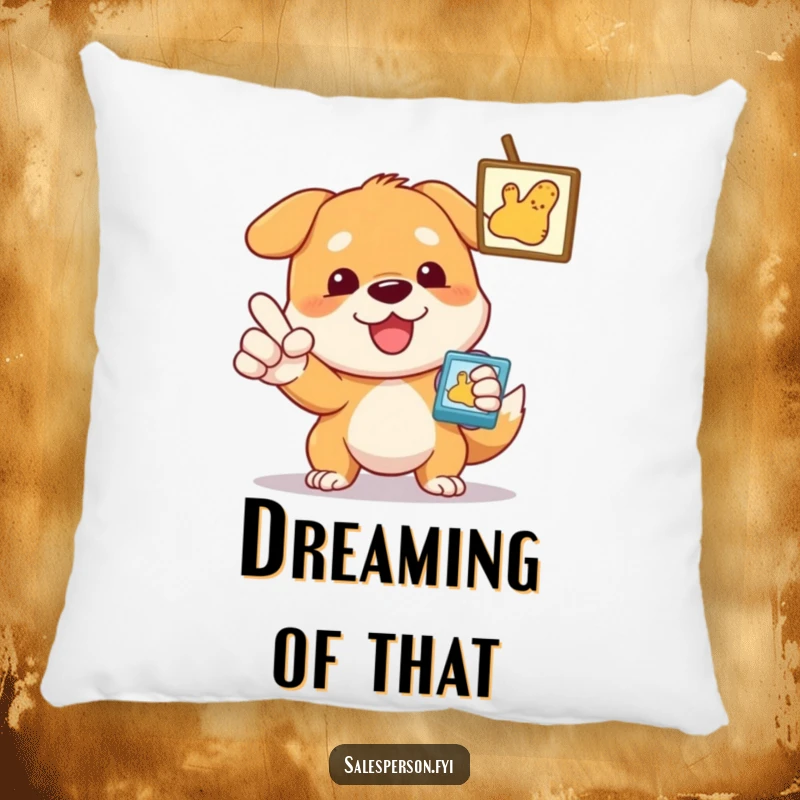 Funny Dog Pillow, a dog pointing enthusiastically at an item, providing comfort and humor.