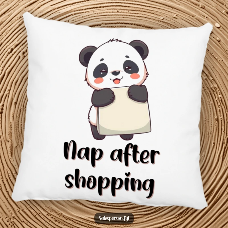 Funny Panda Pillow, a playful panda beaming with a large shopping bag, adding comfort and humor.