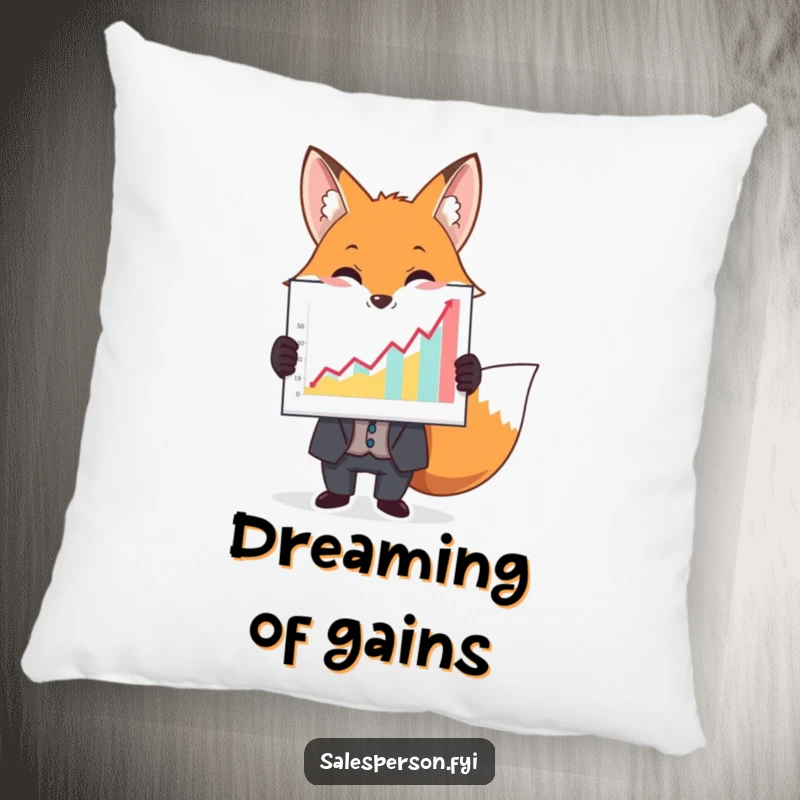 Funny pillow with a sophisticated fox in a suit holding a large, colorful graph, adding comfort and business wit.