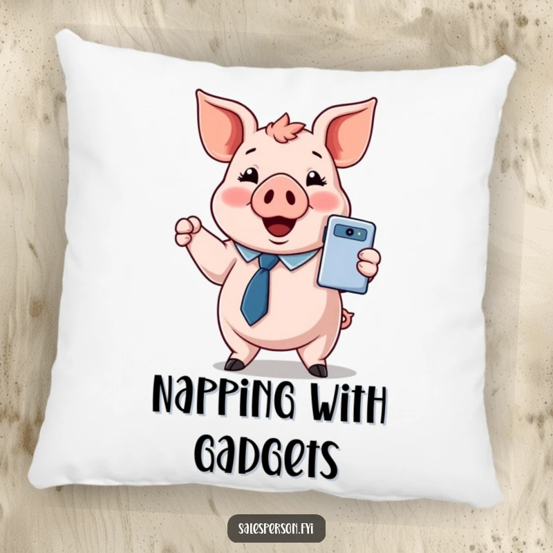 Funny pillow with a smiling pig in a tie, presenting a shiny gadget, perfect for adding comfort and tech humor.