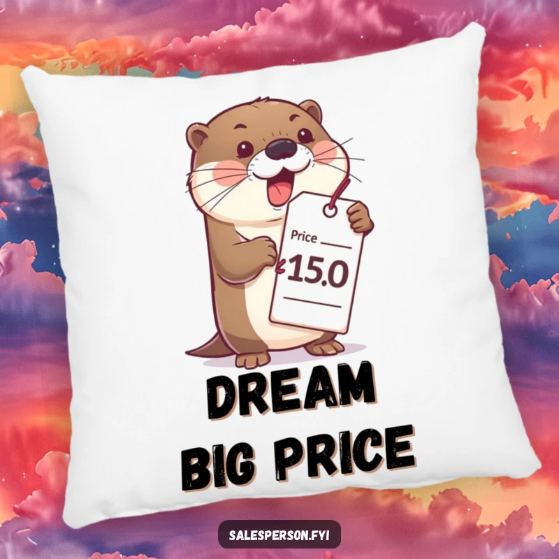 Funny otter pillow design, showing a bubbly otter with a large price tag, offering humorous comfort and decor.