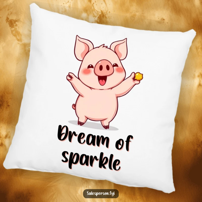 Funny Pig's Shiny Find Pillow: Cute pig enthusiastically showing off a shiny item, comfortable cushion.