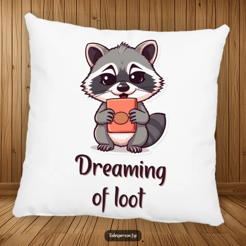 Funny raccoon sporting a sly grin and offering a disguised object on a plush pillow, a funny gift.