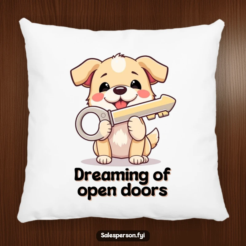 Funny Dog Pillow: A beaming dog happily holds a shiny house key, adding a touch of cheerful humor to any room.