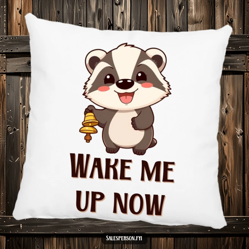 Funny pillow showcasing a grinning badger ringing a bell, its cheerful expression designed to bring humorous attention.