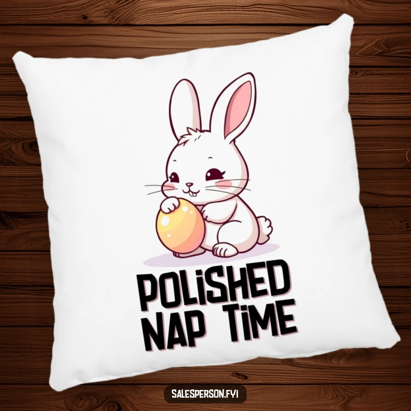 Funny Bunny Polishing Pillow: Determined bunny polishing a bright shiny object, comfortable cushion.