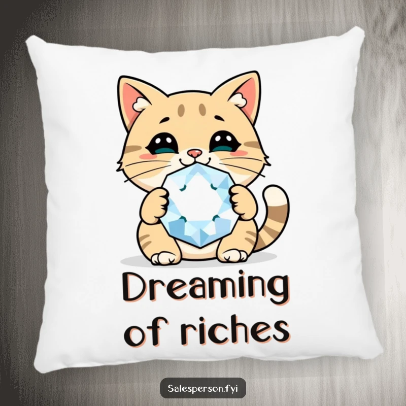 Funny cat gem pillow with a cheerful cat holding a giant sparkly gem, perfect for adding comfort and glamour.