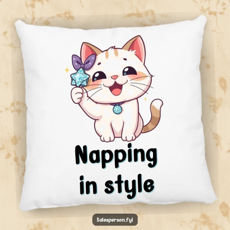 Funny cat pillow with a delighted cat proudly displaying a sparkly accessory with flair. Soft, cozy, and glamorous decor.