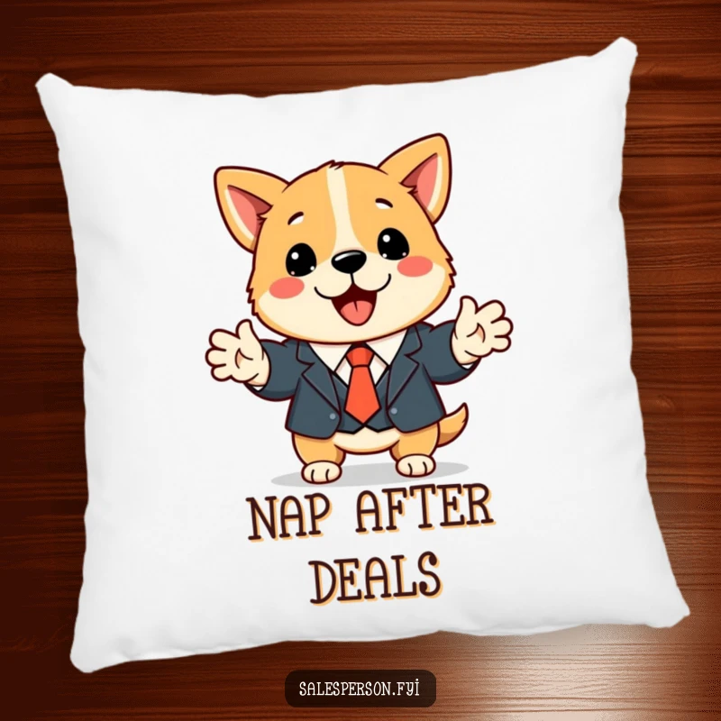Funny dog business pillow with a cute dog in a suit shaking hands, perfect for adding a professional touch.