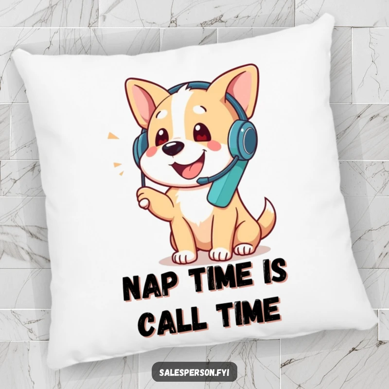 Funny pillow with a dog wearing a headset and talking on the phone, soft and decorative, perfect funny gift for chatty people.