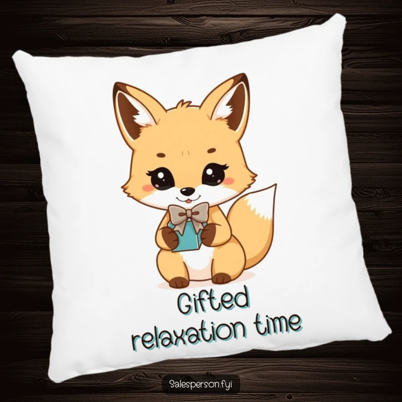 Funny Fox Bowtie Gift Pillow: Playful fox in a bowtie presenting a gift, comfortable cushion.