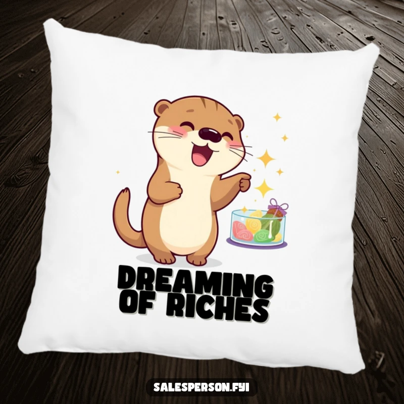 Funny otter pillow with a playful animal pointing at sparkling goods, providing comfort and humorous shopping joy. Perfect gift.