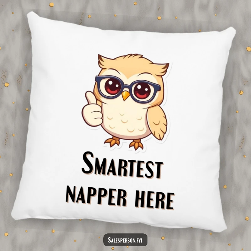 Plush pillow featuring a cheerful owl with glasses, smiling wide and giving a thumbs up, adding comfort.