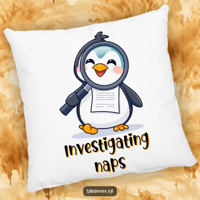 Funny pillow featuring a joyful penguin holding a large magnifying glass to a document, offering comfort and detective-themed amusement.