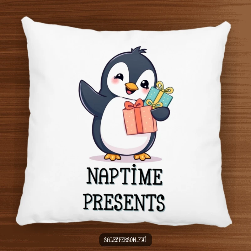Funny penguin pillow with a cheerful bird offering a wrapped gift with a twinkle, providing comfort and humorous joy. Perfect gift.