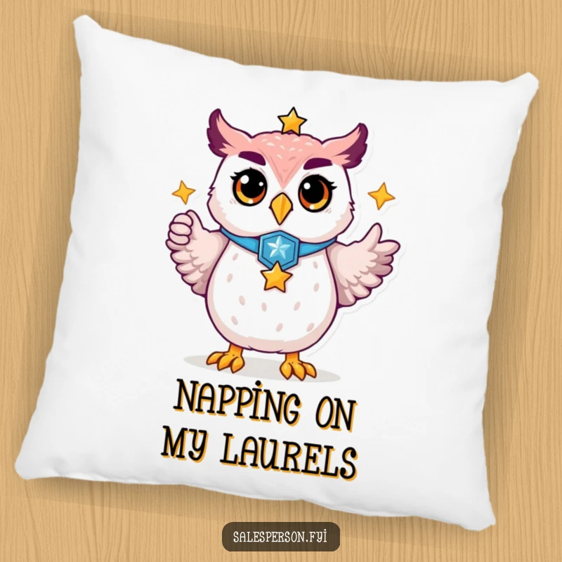 Funny pillow designed with a proud owl wearing a badge, directing attention upwards towards a sparkling golden star.