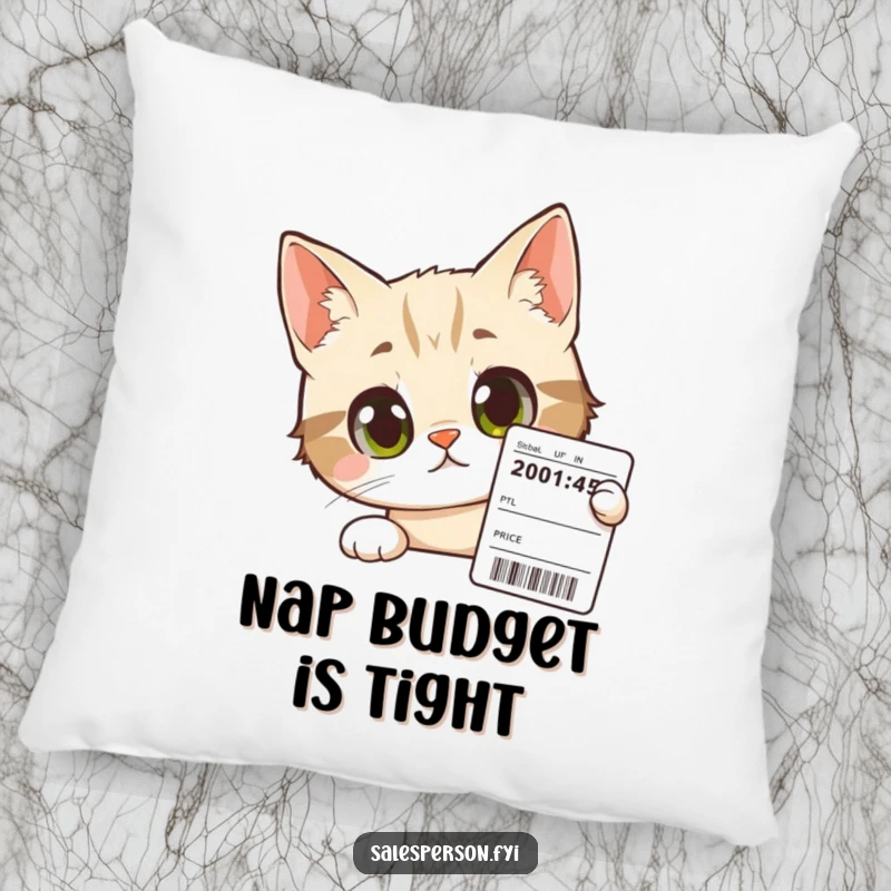 Funny Cat Pillow: A curious cat with wide eyes peers at a price tag, offering soft, witty comfort.