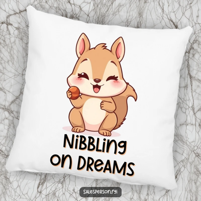 Funny pillow featuring a delighted squirrel offering a tiny, tempting treat with a wink, providing soft, charming comfort.