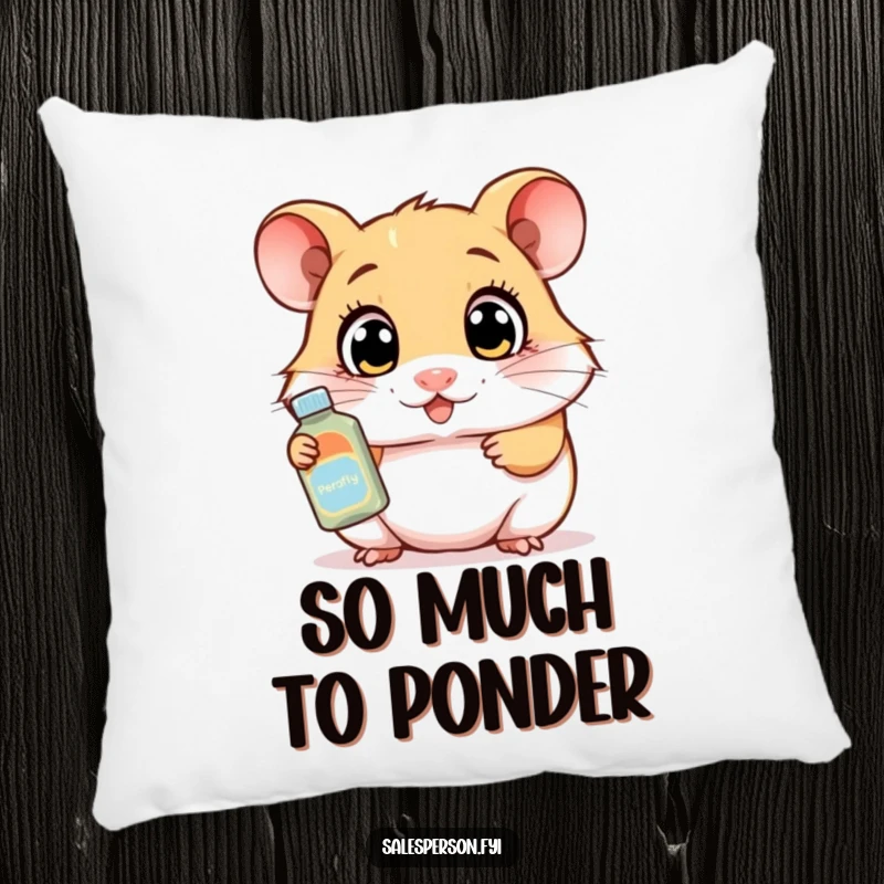 Funny pillow featuring a curious hamster with wide eyes demonstrating a product, offering comfort and enthusiastic amusement.