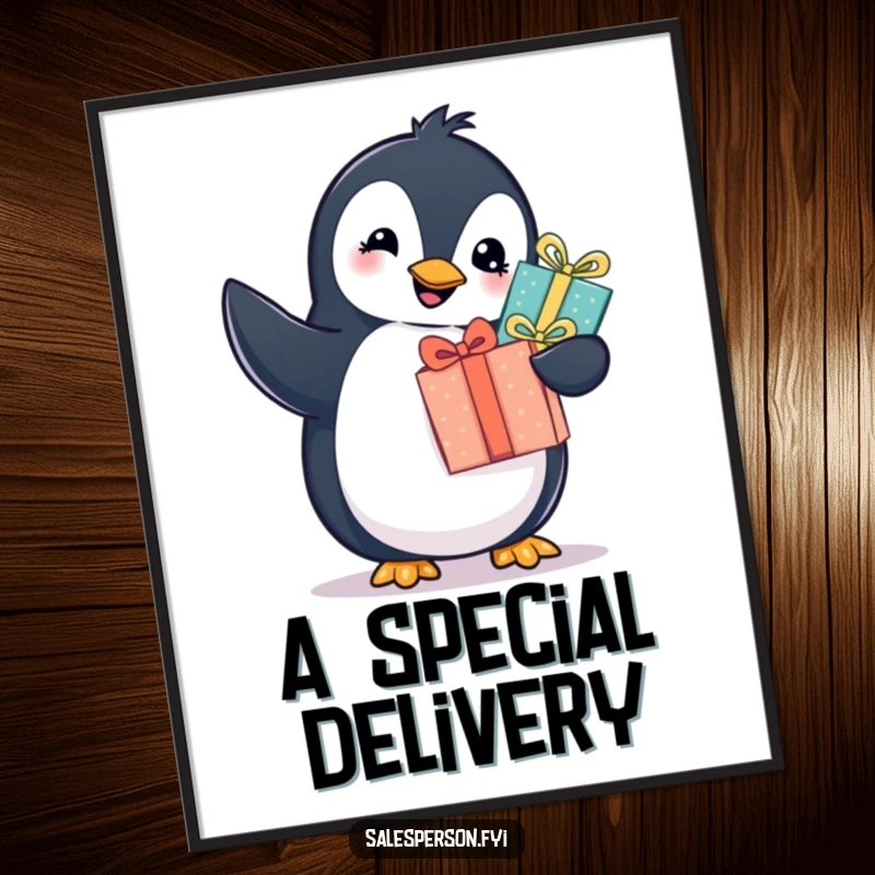 Funny penguin digital art print of a cheerful bird offering a wrapped gift, conveying humorous joy. Instant cute gift.