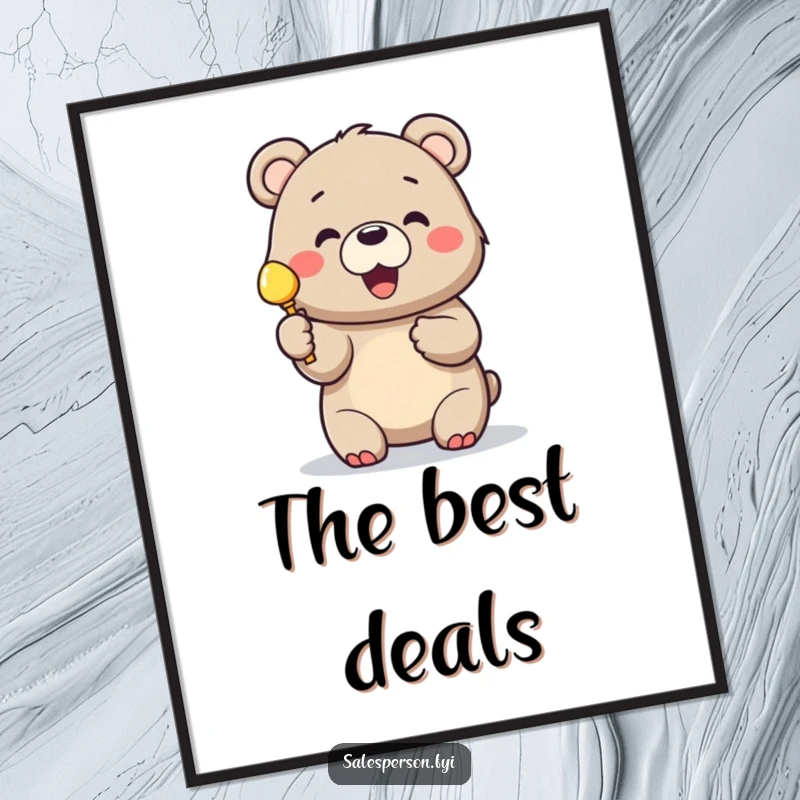 Funny digital art print of a cheerful bear enthusiastically holding up a shiny object.