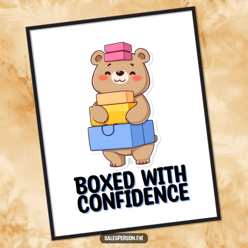 Funny digital art print of a confident bear grinning while balancing a tall stack of brightly colored boxes, showcasing skill.