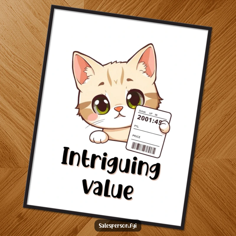 Funny Cat Digital Art: Curious cat with wide eyes peers at a price tag, instant, witty decor.