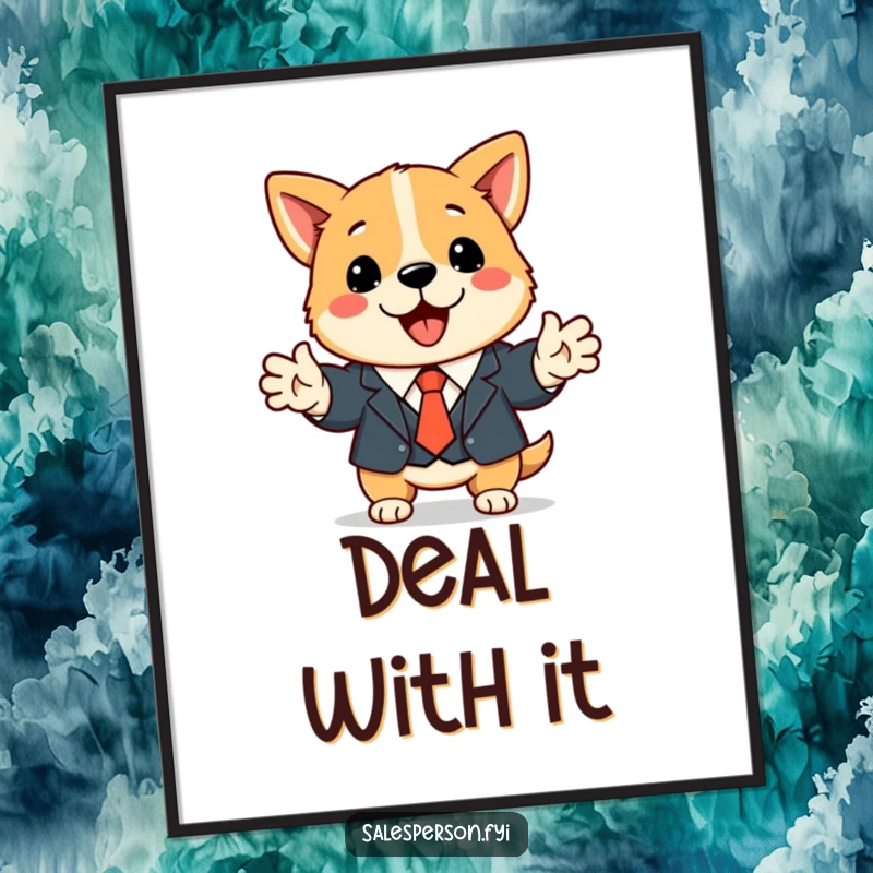 Funny dog business digital art print featuring a cute dog in a suit shaking hands, perfect for professional decor.