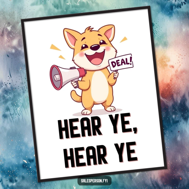Funny Dog Deal Digital Art Print: Happy dog excitedly announcing a deal with a megaphone, instant download.