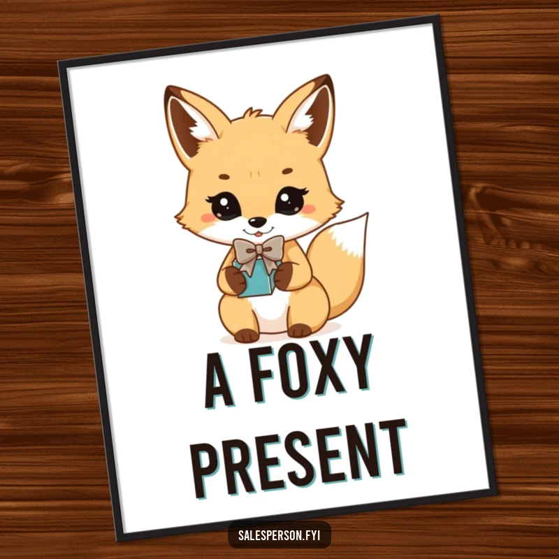 Funny Fox Bowtie Gift Digital Art Print: Playful fox in a bowtie presenting a gift, instant download.