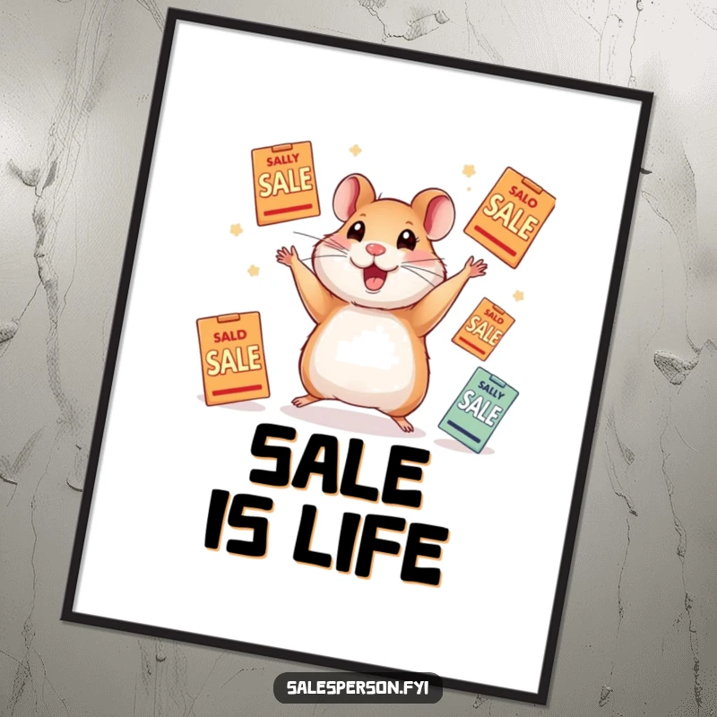 Funny digital art print of a hyperactive hamster gleefully juggling numerous sale flyers, bringing lively energy.