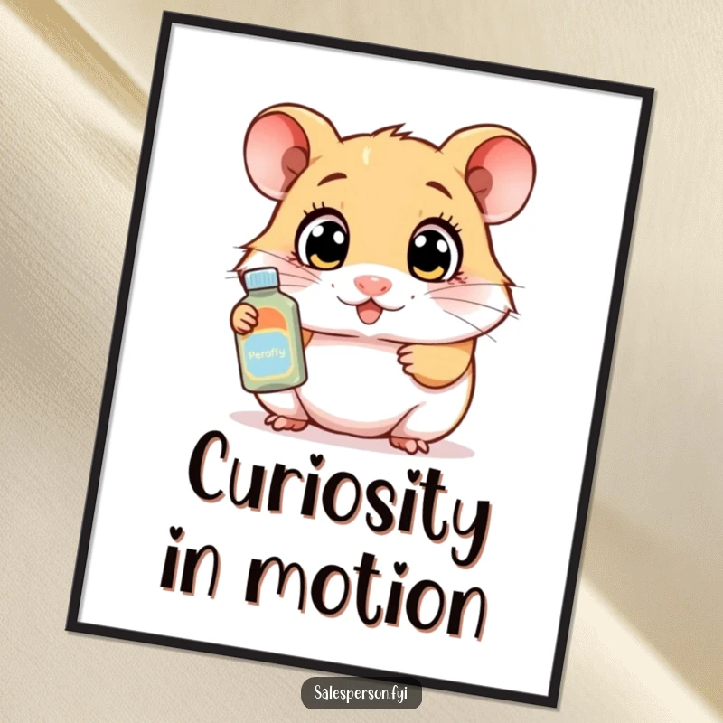 Funny digital art print of a curious hamster demonstrating a product with wide eyes, offering instant enthusiastic decor and humor.