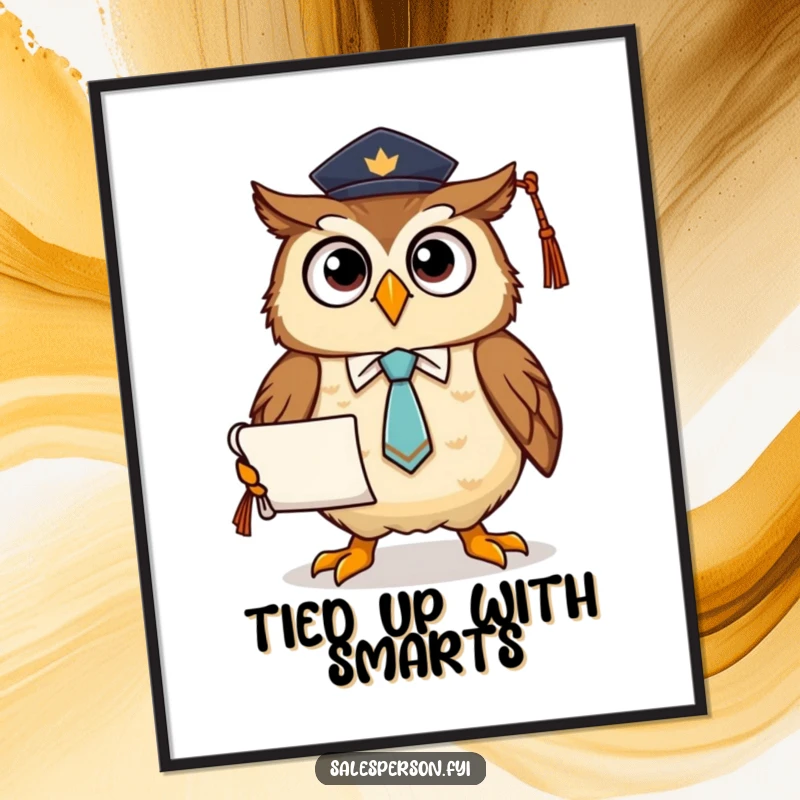 Funny digital art print of a proud owl wearing a tie and holding a diploma, offering instant academic decor and humor.