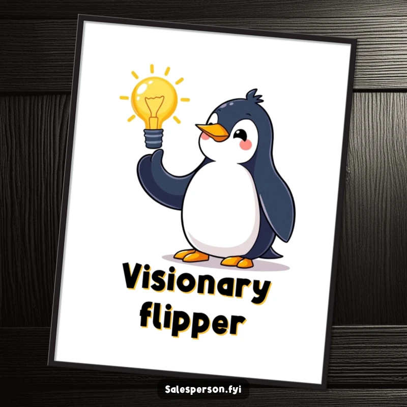 Funny penguin digital art print featuring a jovial bird making sweeping arm movements while pitching an idea, full of energy.